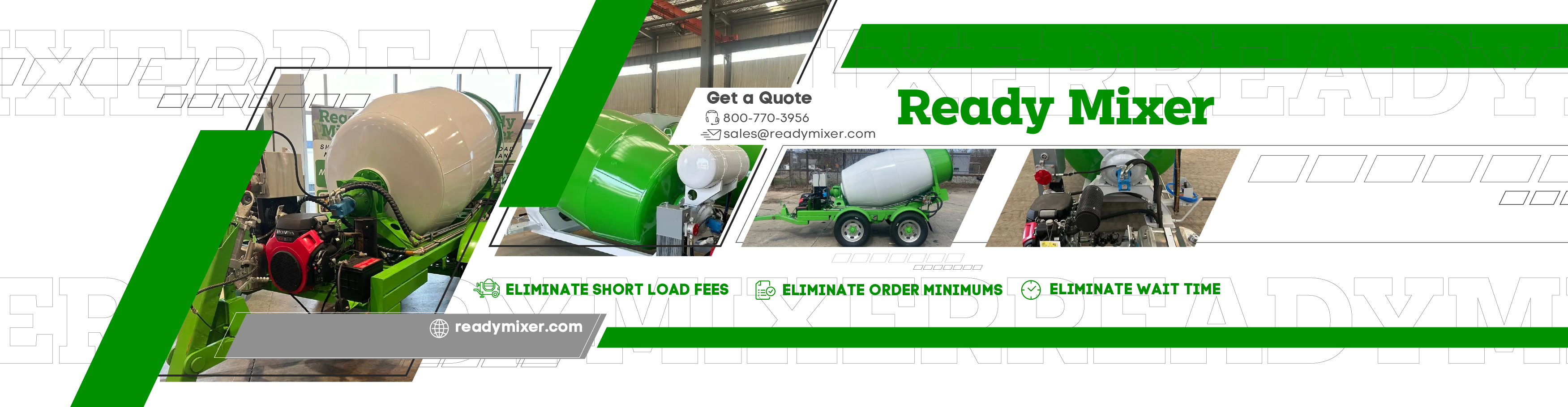 Ready Mixer display of portable concrete mixers on trailers and skid rails